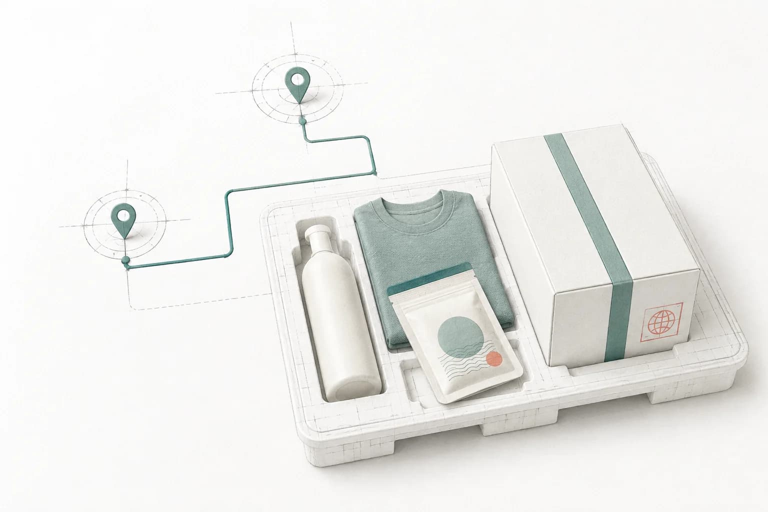 Paper export tray with consumer products, a shipping carton, and symbolic teal route markers.