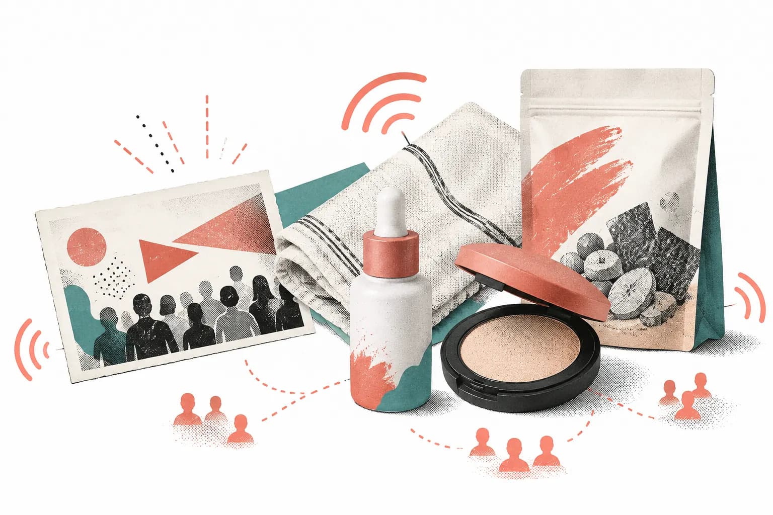 Screenprinted assortment of beauty, apparel, food, and community-selling signals.