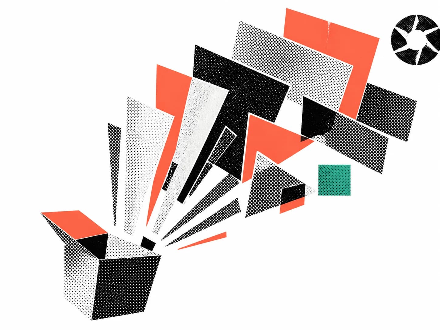 Halftone collage of a product reaching an audience through broadcast frames